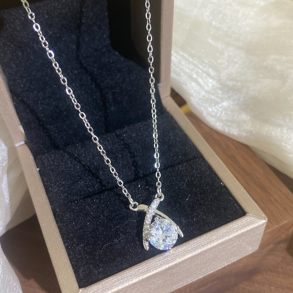 Crossover Necklace With Claw Setting, 304 Stainless Steel, White K Water Plated, Zircon Inlay, Cable Chain