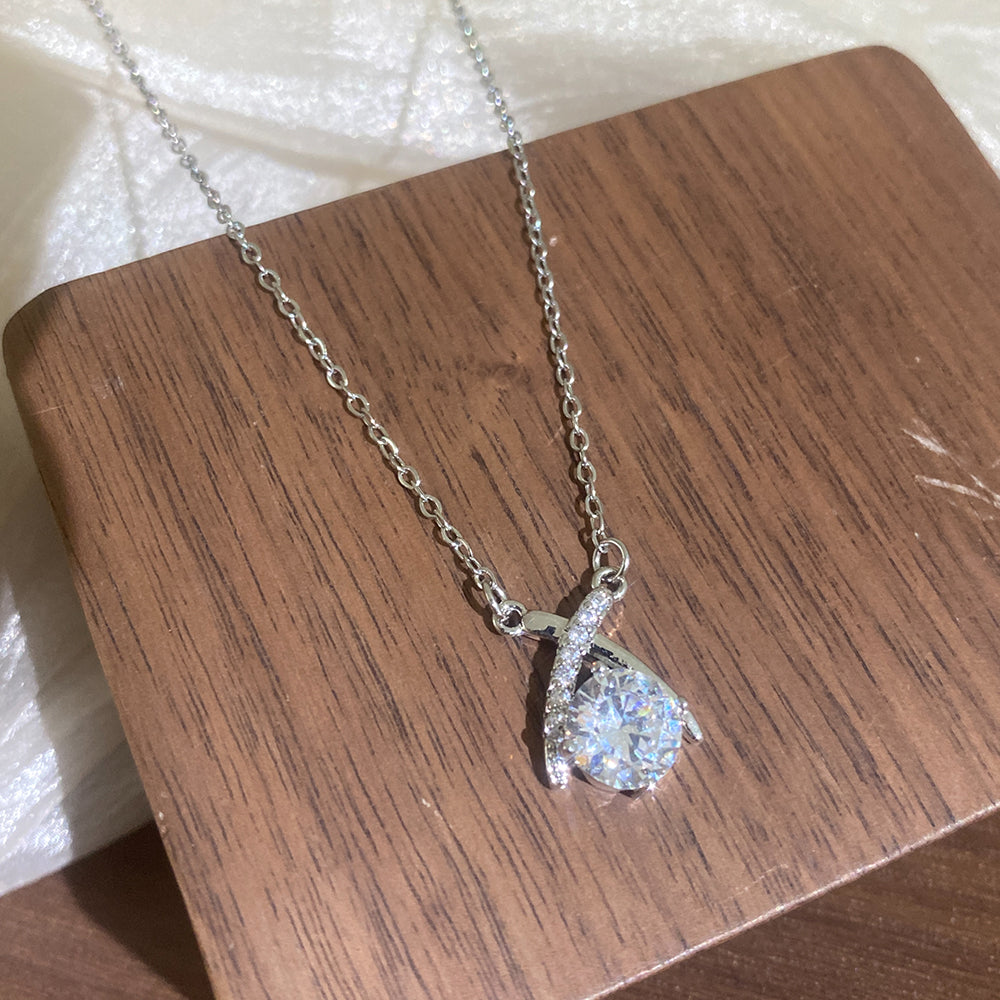 Crossover Necklace With Claw Setting, 304 Stainless Steel, White K Water Plated, Zircon Inlay, Cable Chain