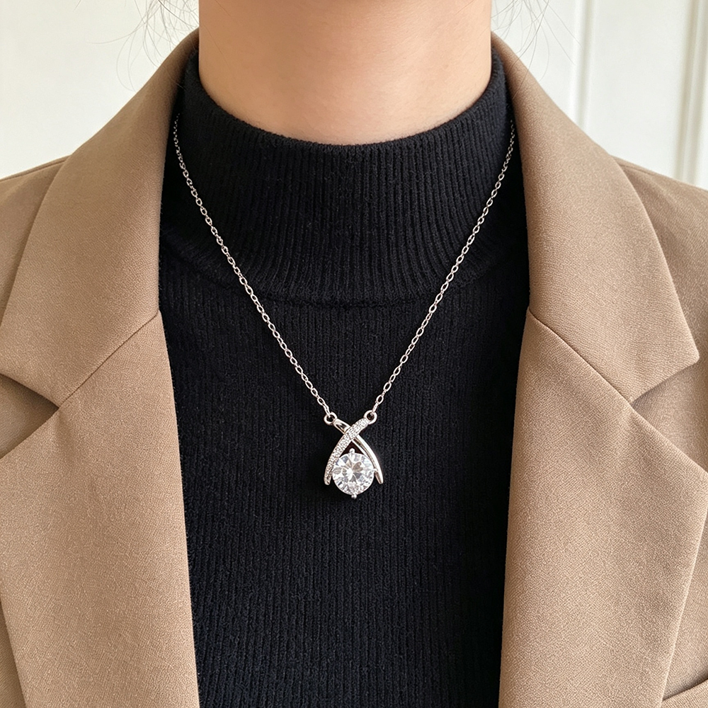 Crossover Necklace With Claw Setting, 304 Stainless Steel, White K Water Plated, Zircon Inlay, Cable Chain
