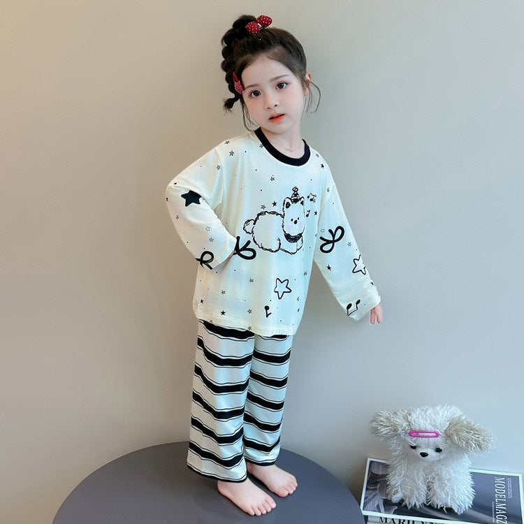 Cute Cartoon Girl's Children's Home Clothes Set In Modal Fabric With Round Neck And Long Sleeves For Spring