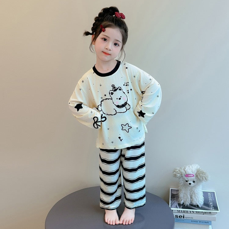 Cute Cartoon Girl's Children's Home Clothes Set In Modal Fabric With Round Neck And Long Sleeves For Spring