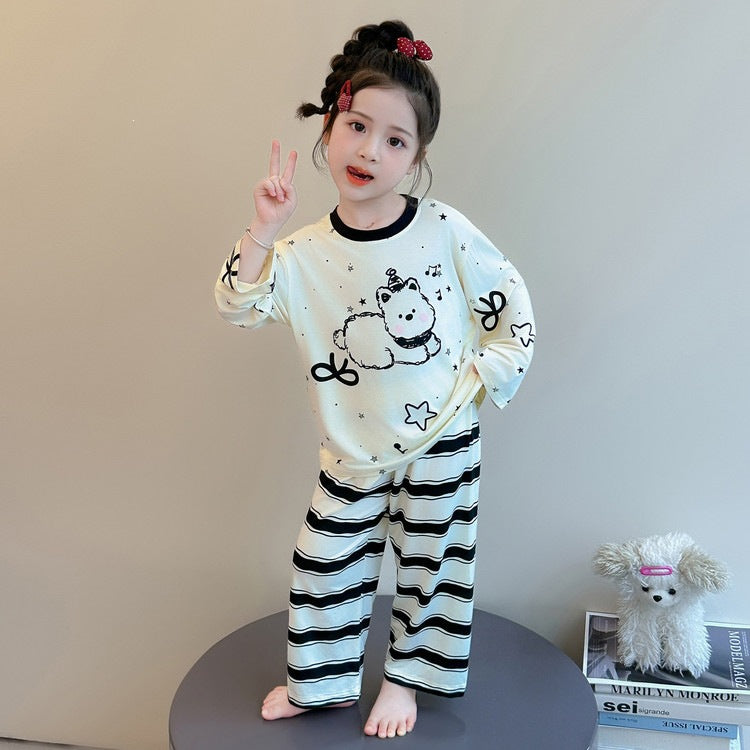 Cute Cartoon Girl's Children's Home Clothes Set In Modal Fabric With Round Neck And Long Sleeves For Spring