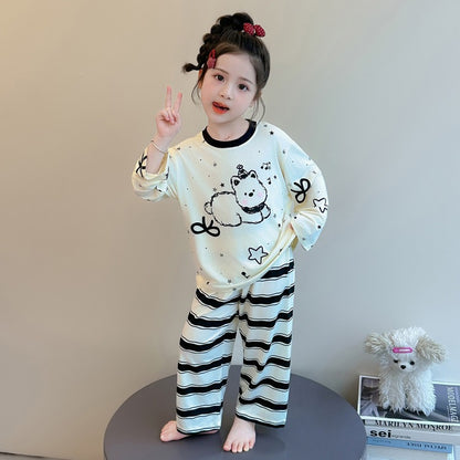 Cute Cartoon Girl's Children's Home Clothes Set In Modal Fabric With Round Neck And Long Sleeves For Spring