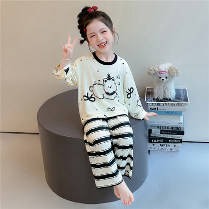 Cute Cartoon Girl's Children's Home Clothes Set In Modal Fabric With Round Neck And Long Sleeves For Spring