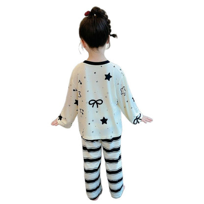 Cute Cartoon Girl's Children's Home Clothes Set In Modal Fabric With Round Neck And Long Sleeves For Spring