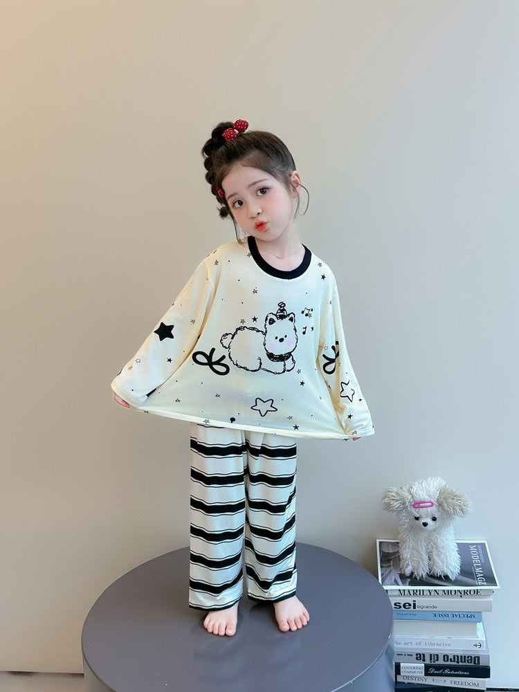 Cute Cartoon Girl's Children's Home Clothes Set In Modal Fabric With Round Neck And Long Sleeves For Spring