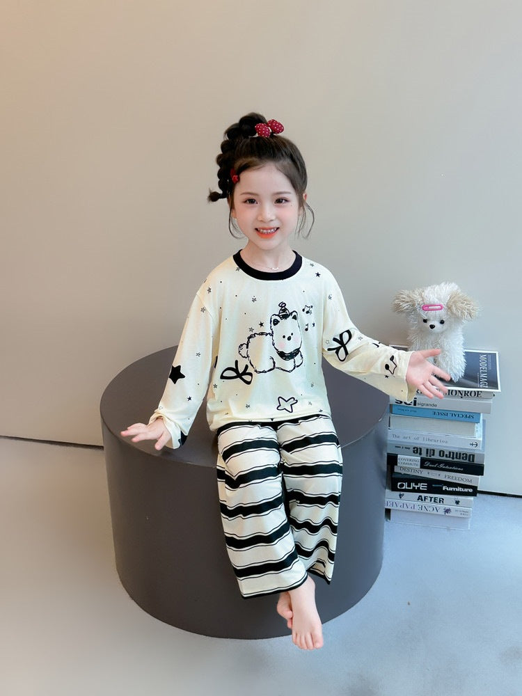 Cute Cartoon Girl's Children's Home Clothes Set In Modal Fabric With Round Neck And Long Sleeves For Spring