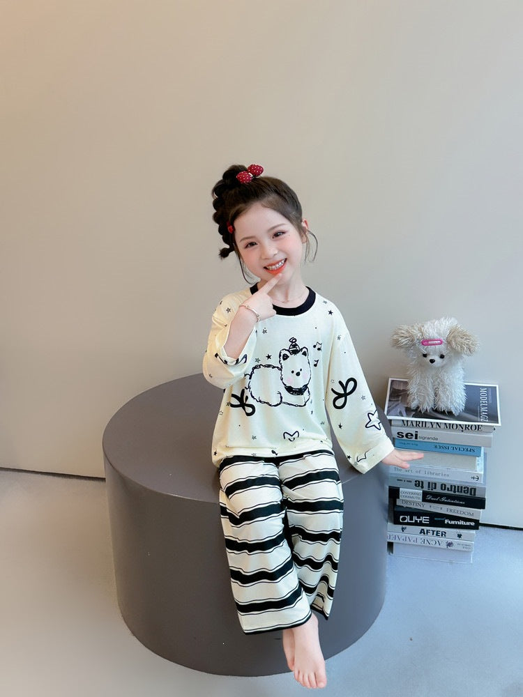 Cute Cartoon Girl's Children's Home Clothes Set In Modal Fabric With Round Neck And Long Sleeves For Spring
