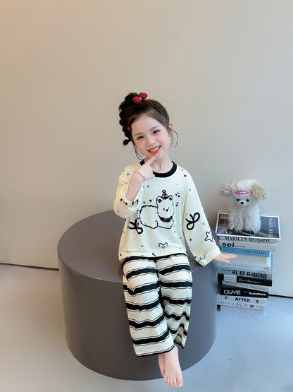 Cute Cartoon Girl's Children's Home Clothes Set In Modal Fabric With Round Neck And Long Sleeves For Spring