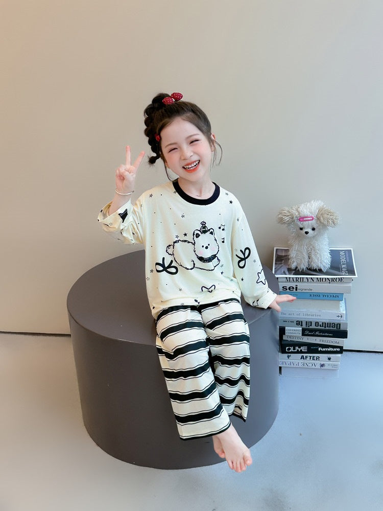 Cute Cartoon Girl's Children's Home Clothes Set In Modal Fabric With Round Neck And Long Sleeves For Spring