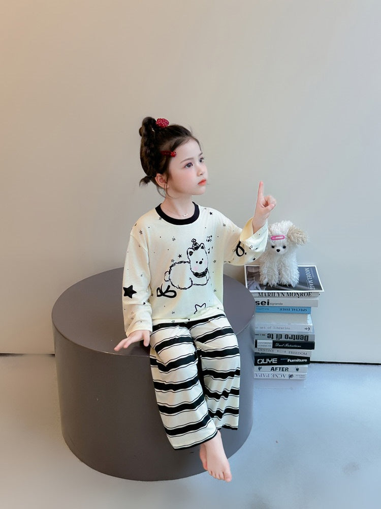 Cute Cartoon Girl's Children's Home Clothes Set In Modal Fabric With Round Neck And Long Sleeves For Spring
