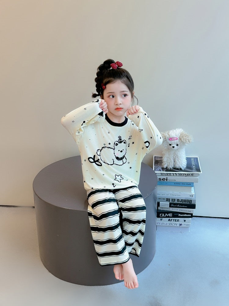 Cute Cartoon Girl's Children's Home Clothes Set In Modal Fabric With Round Neck And Long Sleeves For Spring