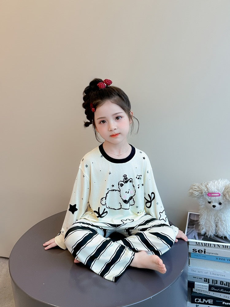 Cute Cartoon Girl's Children's Home Clothes Set In Modal Fabric With Round Neck And Long Sleeves For Spring