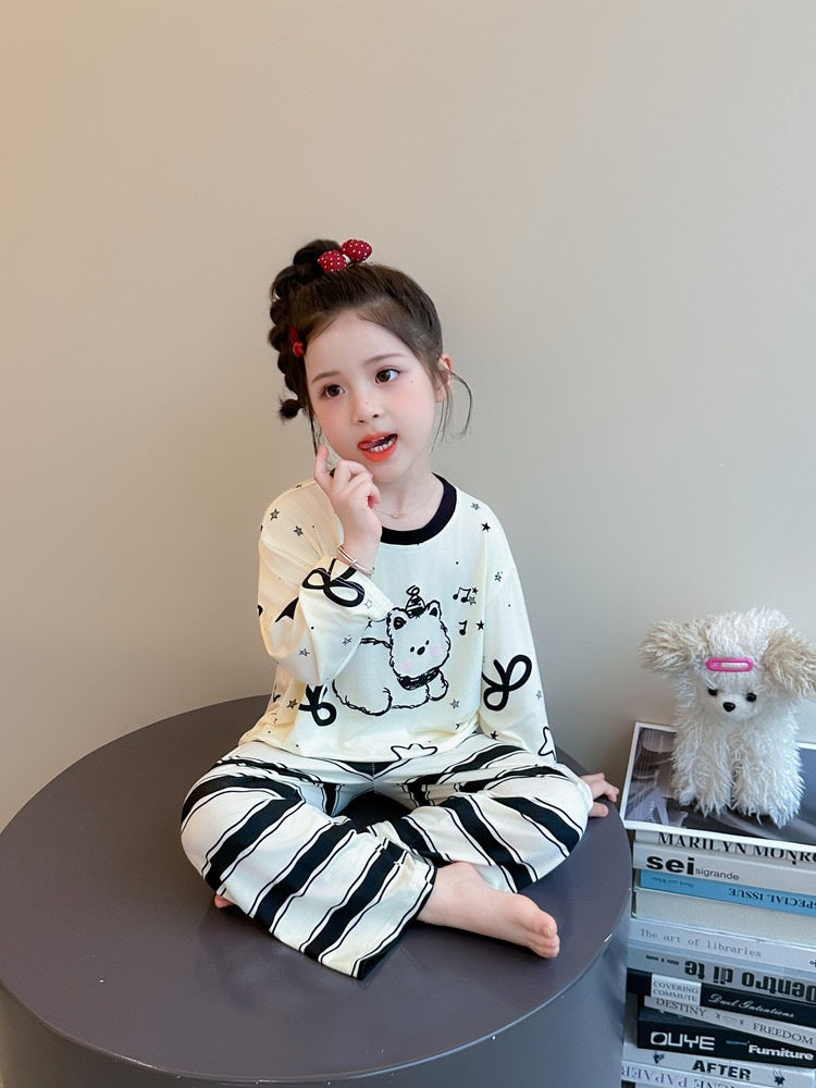 Cute Cartoon Girl's Children's Home Clothes Set In Modal Fabric With Round Neck And Long Sleeves For Spring