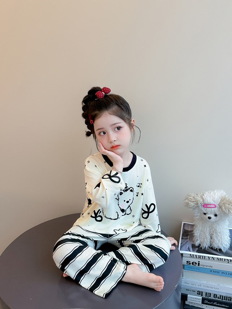 Cute Cartoon Girl's Children's Home Clothes Set In Modal Fabric With Round Neck And Long Sleeves For Spring