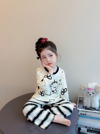 Cute Cartoon Girl's Children's Home Clothes Set In Modal Fabric With Round Neck And Long Sleeves For Spring