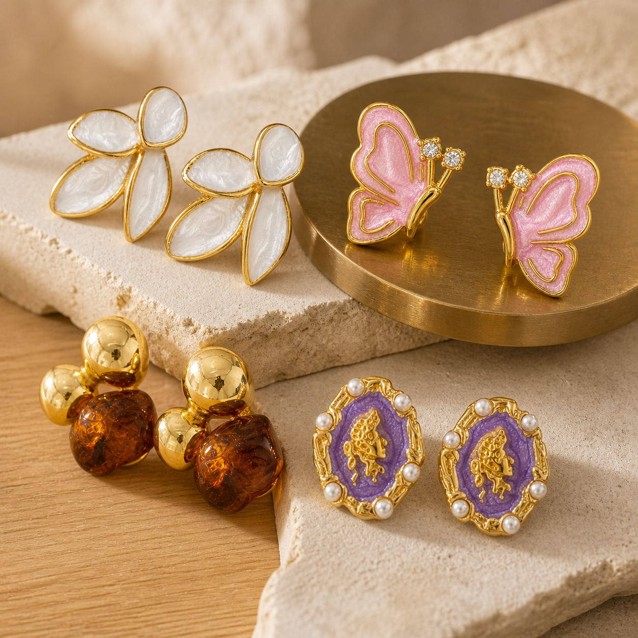 Nordic Style Leaves Enamel Earrings With 18K Real Gold Plated 304 Stainless Steel And Imitation Pearl Inlay Featuring Water Plating