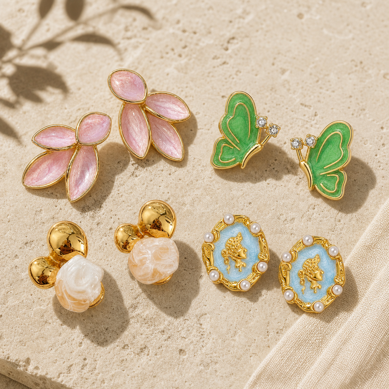 Nordic Style Leaves Enamel Earrings With 18K Real Gold Plated 304 Stainless Steel And Imitation Pearl Inlay Featuring Water Plating