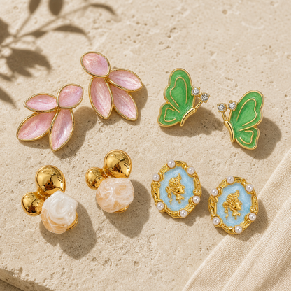 Nordic Style Leaves Enamel Earrings With 18K Real Gold Plated 304 Stainless Steel And Imitation Pearl Inlay Featuring Water Plating