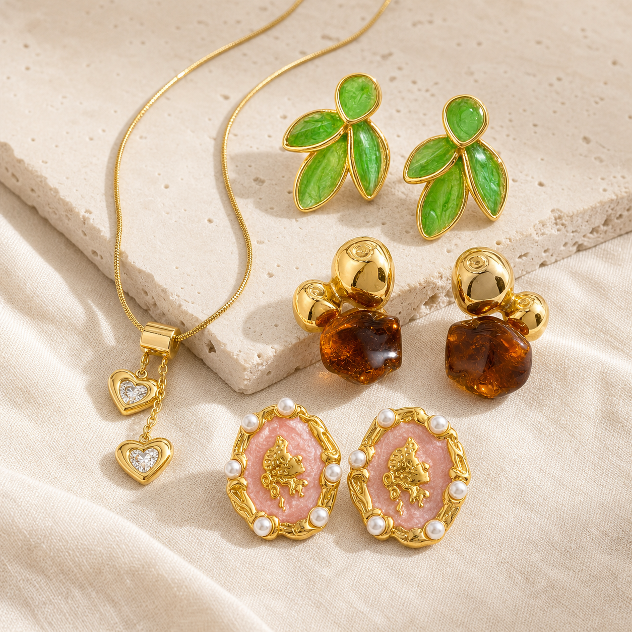 Nordic Style Leaves Enamel Earrings With 18K Real Gold Plated 304 Stainless Steel And Imitation Pearl Inlay Featuring Water Plating