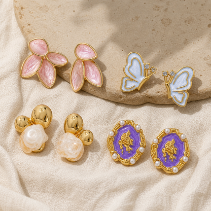 Nordic Style Leaves Enamel Earrings With 18K Real Gold Plated 304 Stainless Steel And Imitation Pearl Inlay Featuring Water Plating