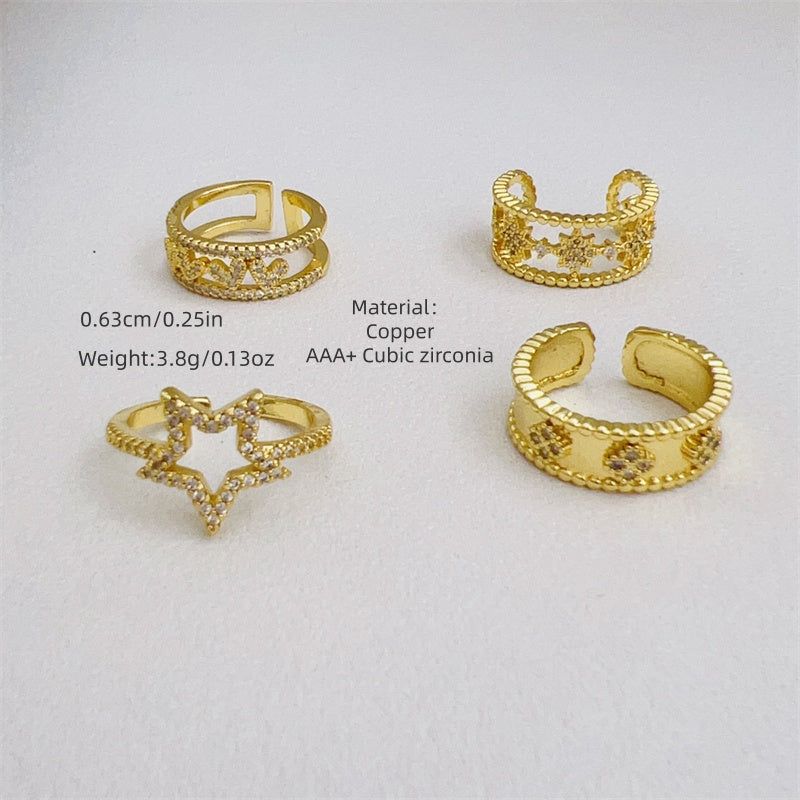 Women’s Star Pattern Open Ring With Zircon Inlay, Electroplated 18K Gold Plated Copper Jewelry