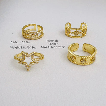 Women’s Star Pattern Open Ring With Zircon Inlay, Electroplated 18K Gold Plated Copper Jewelry