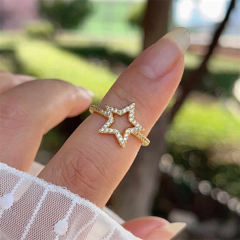 Women’s Star Pattern Open Ring With Zircon Inlay, Electroplated 18K Gold Plated Copper Jewelry