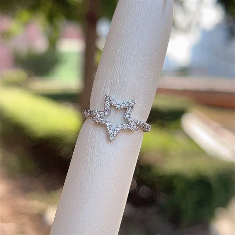 Women’s Star Pattern Open Ring With Zircon Inlay, Electroplated 18K Gold Plated Copper Jewelry
