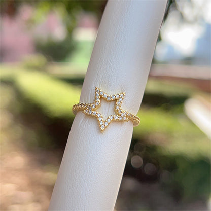 Women’s Star Pattern Open Ring With Zircon Inlay, Electroplated 18K Gold Plated Copper Jewelry