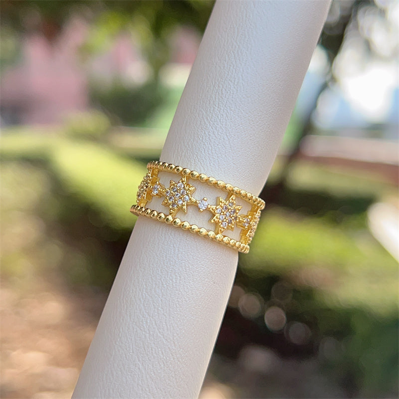Women’s Star Pattern Open Ring With Zircon Inlay, Electroplated 18K Gold Plated Copper Jewelry