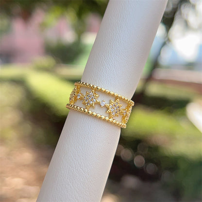 Women’s Star Pattern Open Ring With Zircon Inlay, Electroplated 18K Gold Plated Copper Jewelry