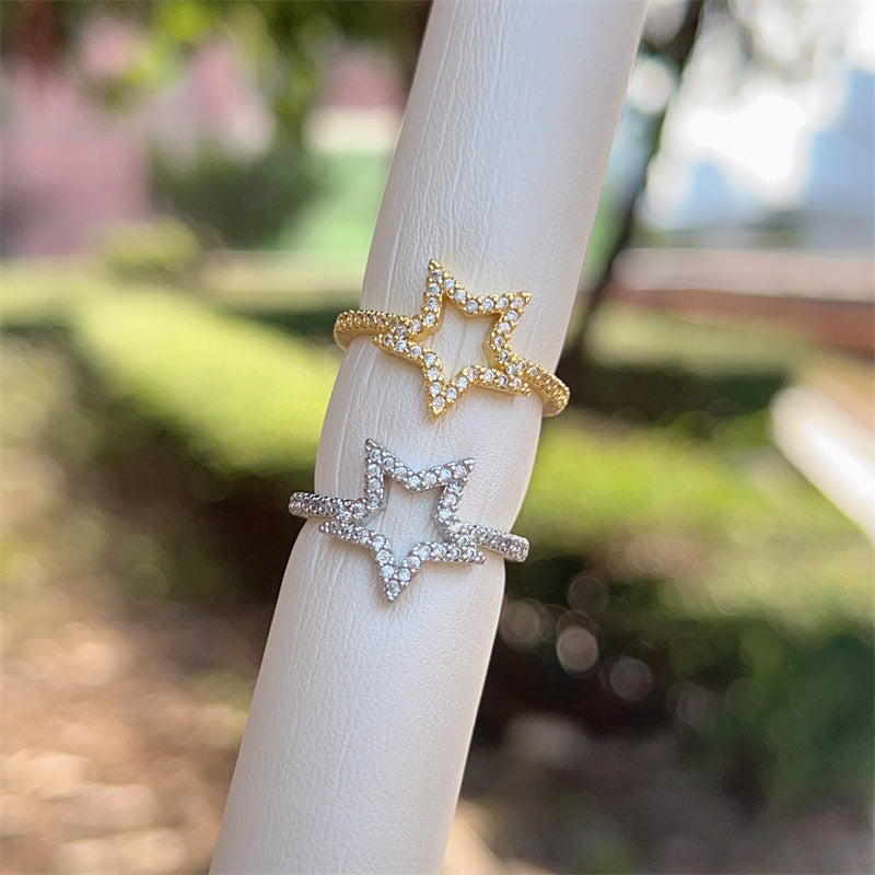 Women’s Star Pattern Open Ring With Zircon Inlay, Electroplated 18K Gold Plated Copper Jewelry
