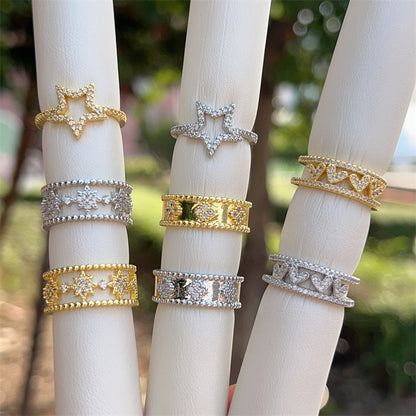 Women’s Star Pattern Open Ring With Zircon Inlay, Electroplated 18K Gold Plated Copper Jewelry