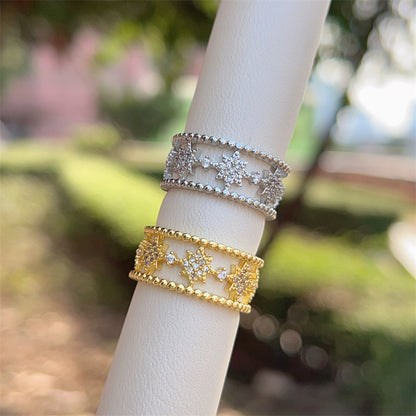Women’s Star Pattern Open Ring With Zircon Inlay, Electroplated 18K Gold Plated Copper Jewelry