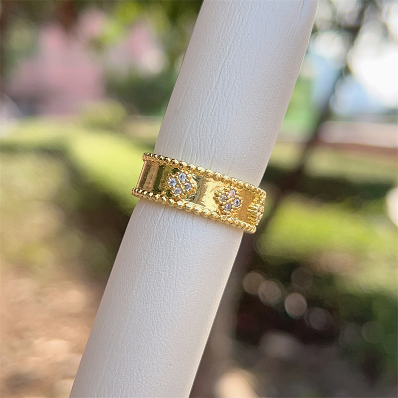 Women’s Star Pattern Open Ring With Zircon Inlay, Electroplated 18K Gold Plated Copper Jewelry