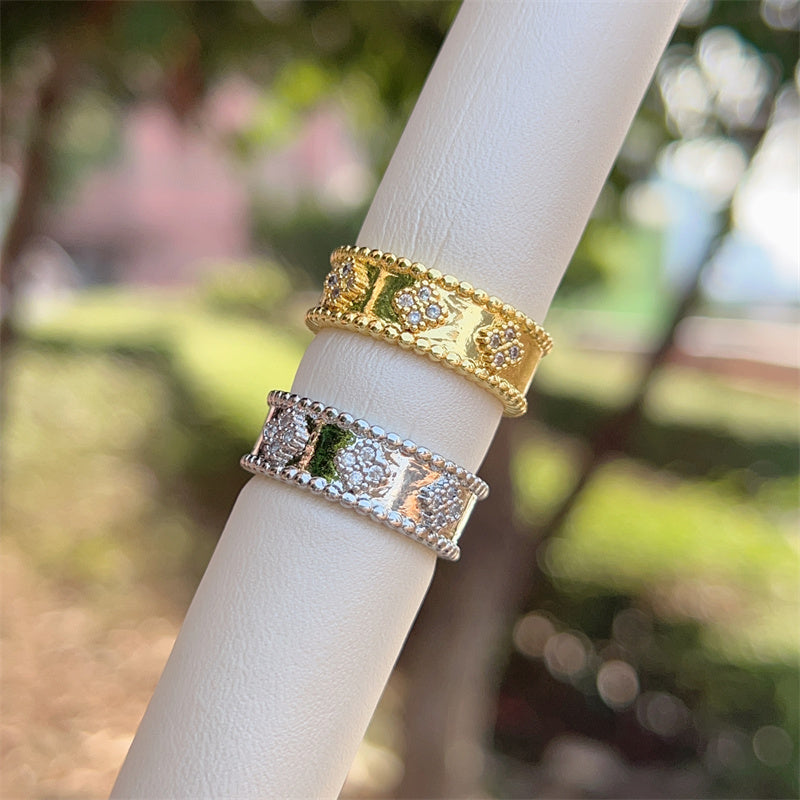 Women’s Star Pattern Open Ring With Zircon Inlay, Electroplated 18K Gold Plated Copper Jewelry
