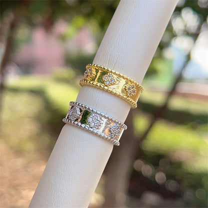 Women’s Star Pattern Open Ring With Zircon Inlay, Electroplated 18K Gold Plated Copper Jewelry