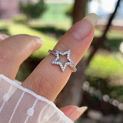 Women’s Star Pattern Open Ring With Zircon Inlay, Electroplated 18K Gold Plated Copper Jewelry