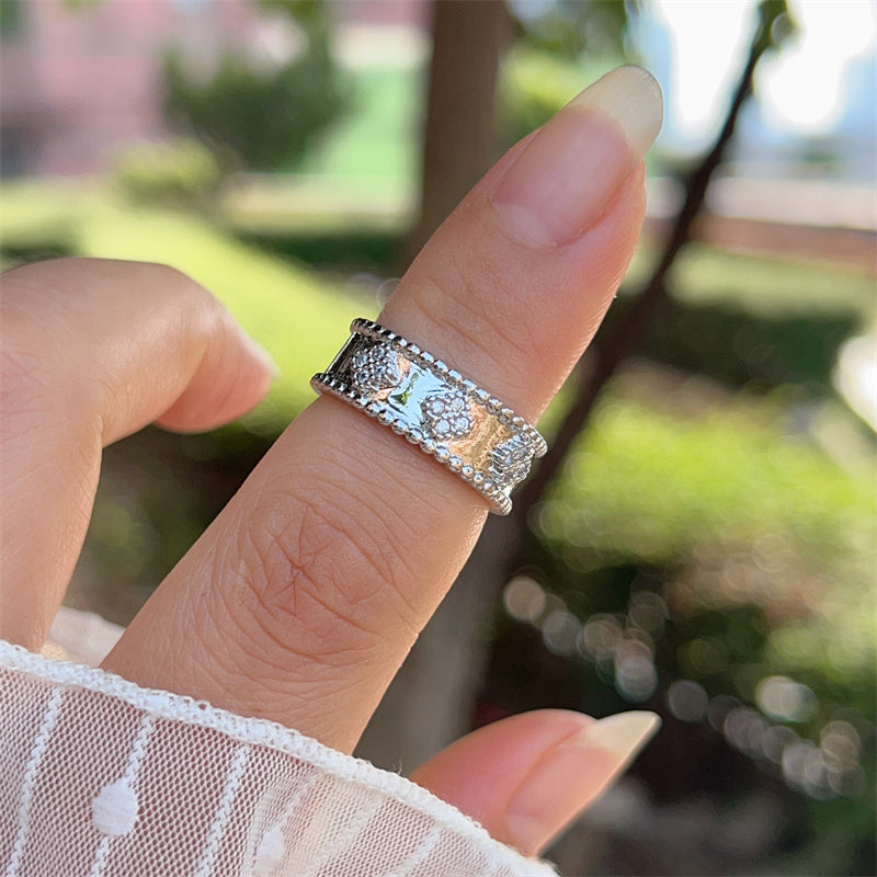 Women’s Star Pattern Open Ring With Zircon Inlay, Electroplated 18K Gold Plated Copper Jewelry