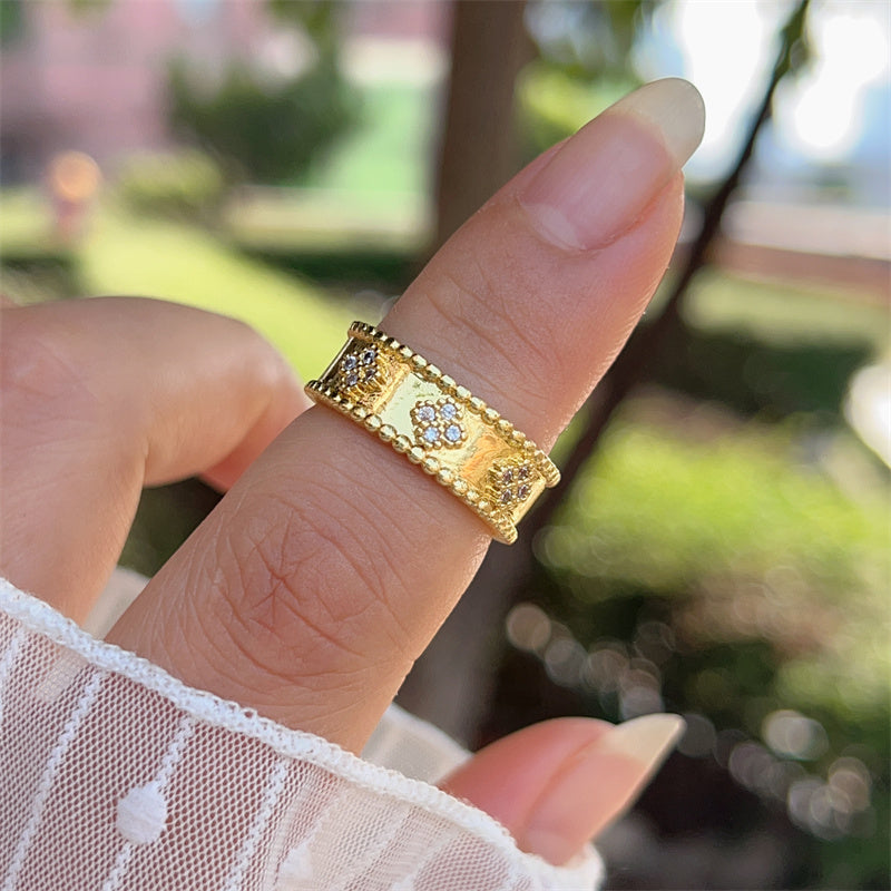 Women’s Star Pattern Open Ring With Zircon Inlay, Electroplated 18K Gold Plated Copper Jewelry