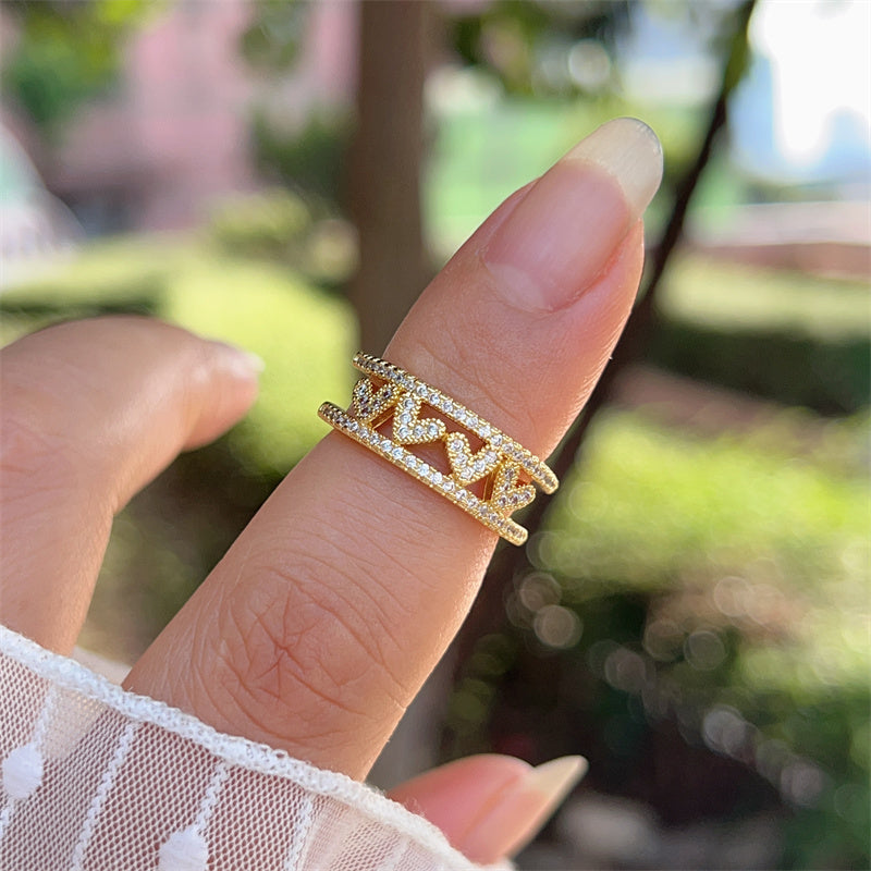 Women’s Star Pattern Open Ring With Zircon Inlay, Electroplated 18K Gold Plated Copper Jewelry