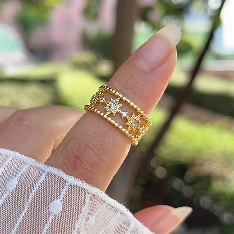 Women’s Star Pattern Open Ring With Zircon Inlay, Electroplated 18K Gold Plated Copper Jewelry