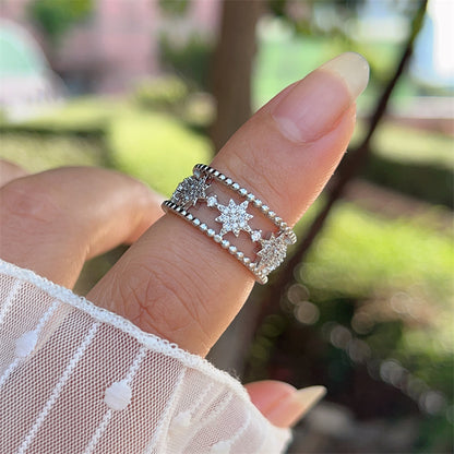 Women’s Star Pattern Open Ring With Zircon Inlay, Electroplated 18K Gold Plated Copper Jewelry
