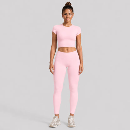 Women's Solid Color T-shirt In Natural Pink With Brushed Fabric, Short Sleeve Pullover Yoga Top