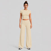 Short-sleeved Shirt + Straight-leg Pants in Milky Apricot Color