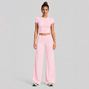 Short-sleeved Shirt + Straight-leg Pants, Pink