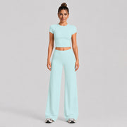 Short-sleeved Shirt + Straight-leg Pants, Light Blue