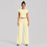 Short-sleeved Shirt + Straight-leg Pants, Light Yellow