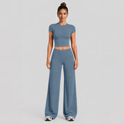 Short-sleeved Shirt + Straight-leg Pants, Gray-blue